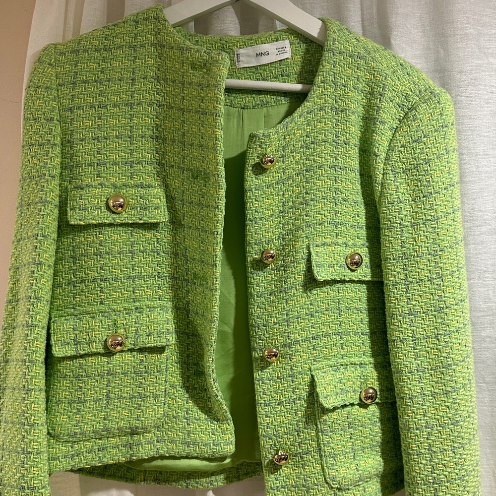 Mango Green Tweed Blazer Jacket With Gold Buttons